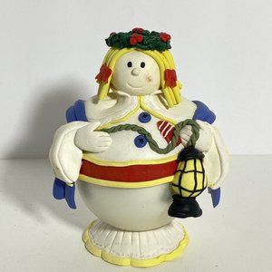 Blonde Girl Christmas Holiday Snowball Figure Polymer Clay Decor Wreath Lantern